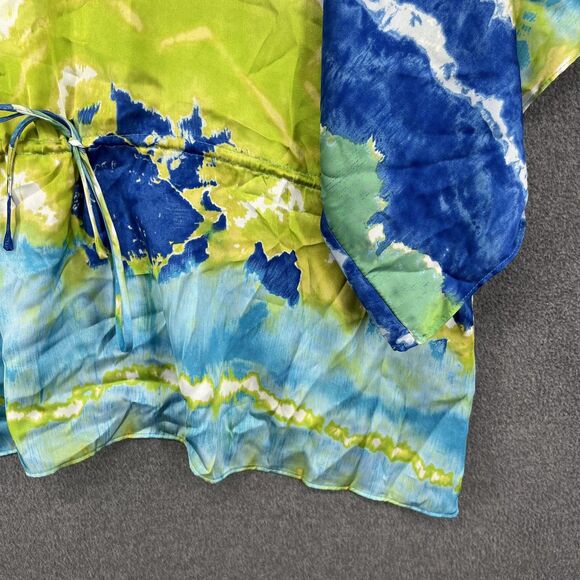 Chaps Shirt Womens Large Blue Green Tie Dye V Neck Kimono Sleeve Drawstring - Picture 6 of 15